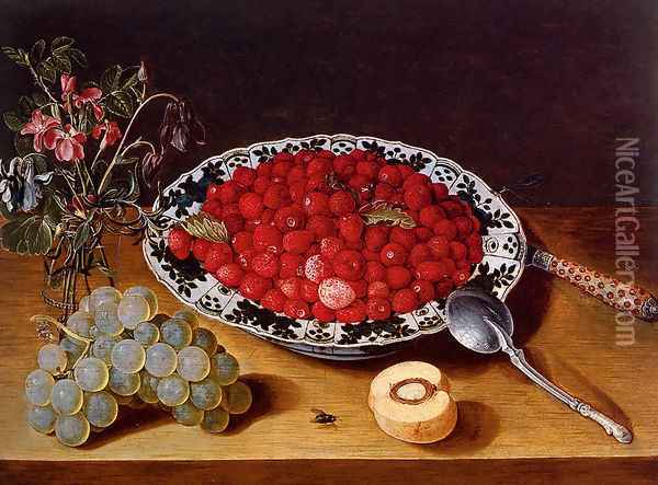 Wild Strawberries In A Wan-Li Kraak Porcelan Bowl With A vase Of Flowers And A Bunch Of Grapes, All Resting On A Wooden Ledge Oil Painting - Isaak Soreau