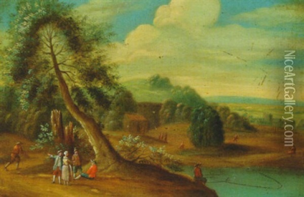 River Landscape With Villagers Conversing Oil Painting - Mathys Balen
