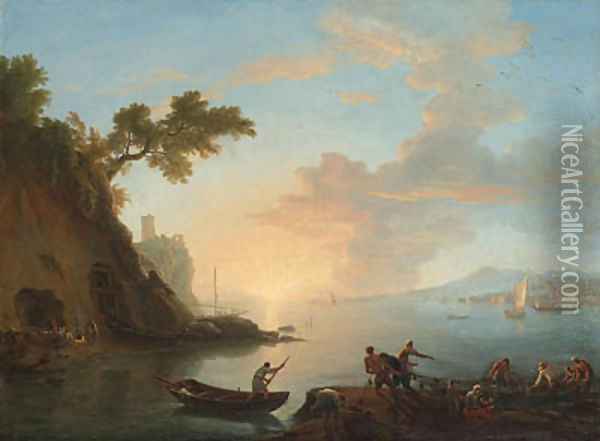 Neapolitan coastal views with a Dutch warship and fishermen in a harbour Oil Painting - Adrien Manglard