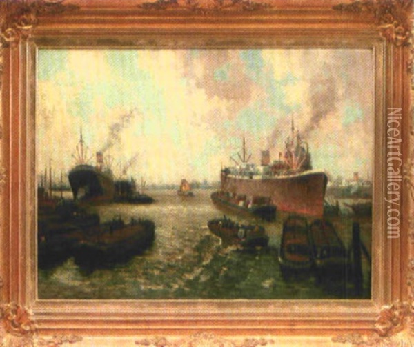 Ansicht Des Hafens Von Rotterdam Mit Einigen Hochseeschiffen Oil Painting - Gerard Delfgaauw