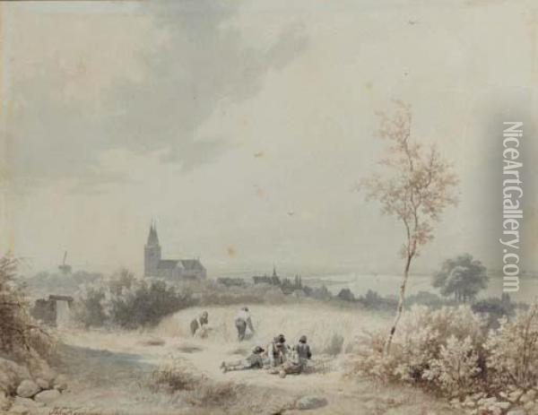 A View Of Cleves With Farmers Reaping Corn In The Foreground Oil Painting - Barend Cornelis Koekkoek