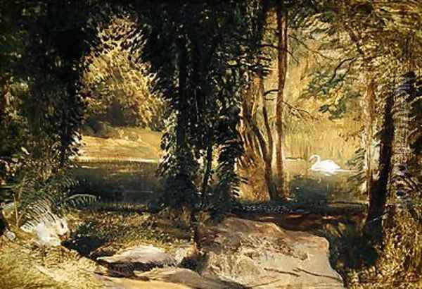 A Woody Landscape with a Swan on a Pond Oil Painting - Sir Edwin Henry Landseer