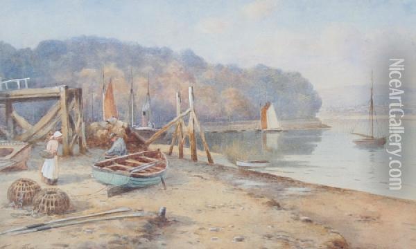 Fishing Boats On A Conway Quay Oil Painting - Warren Williams