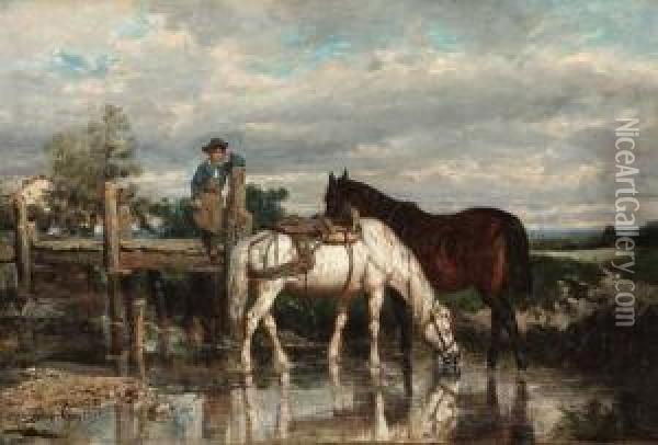 Horses Watering At A Stream Oil Painting - Jean-Baptiste-Louis Guy