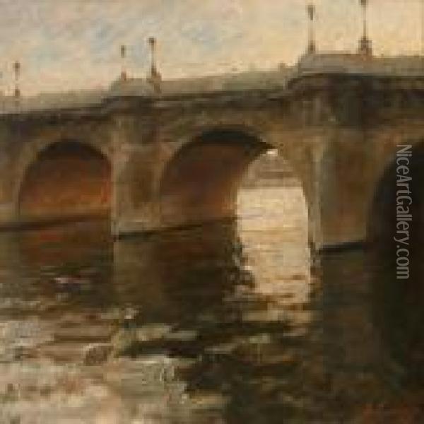 Scene From The Seine At Pont Neuf In Paris Oil Painting - Julius Paulsen