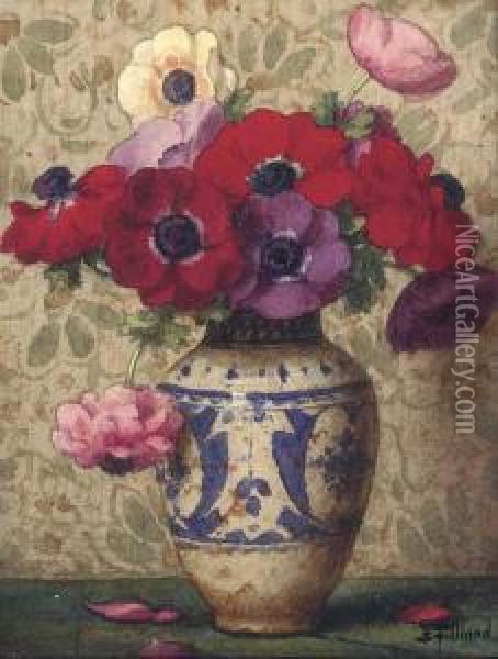 Pansies In A Blue And White Vase Oil Painting - Ernest Filliard
