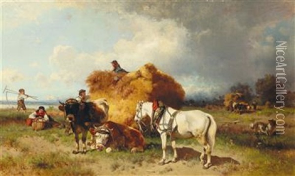 Gathering In The Hay With Approaching Storm Oil Painting - Conrad Buehlmayer
