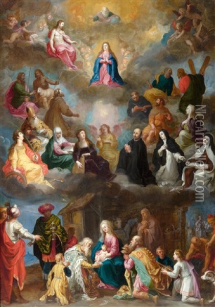 The Adoration Of The Virgin Mary, With Adoration Of The Kings And The Ascension Of Mary Oil Painting - Hendrik van Balen the Elder
