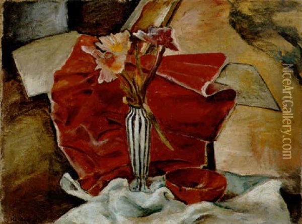 Stilleben Mit Blumenvase Vor Rotem Tuch Oil Painting - Willi Jaeckel