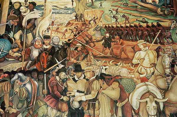 Colonisation, The Great City of Tenochtitlan, detail from the mural, Pre-Hispanic and Colonial Mexico, 1945-52 Oil Painting - Diego Rivera