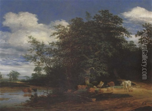An Extensive Wooded River Landscape With Cattle And Sheep, A Drover And Other Figures Beyond Oil Painting - Jacob Salomonsz van Ruysdael