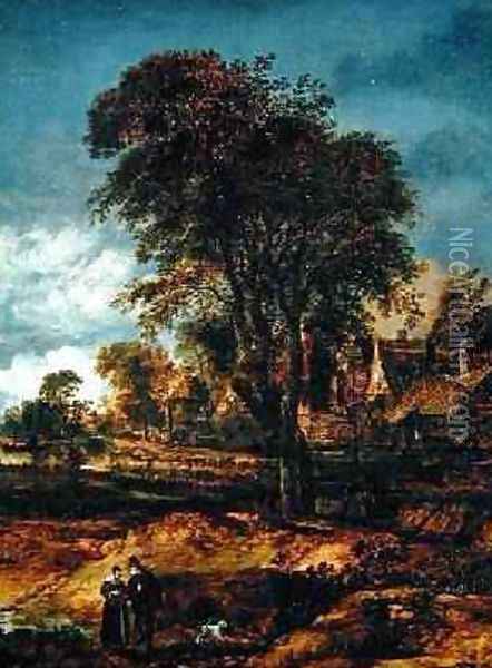 Moonlit wooded landscape with a couple conversing Oil Painting - Aert van der Neer