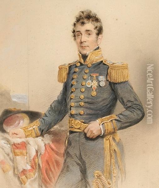 A Portrait Of William 8th Earl Waldegrave Standing Three-quarter Length In Naval Uniform Oil Painting - George Richmond