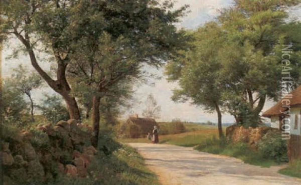 Sommarlandskap Med Kvinna Och Gosse Pa Byvag Oil Painting - Ludvig Kabell