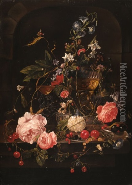 Blumenstilleben Mit Fruchten Und Prunkglasern Oil Painting - Elias van den Broeck