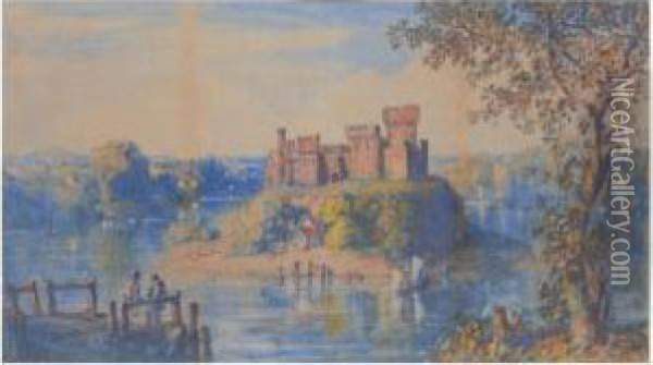 View Of A Castle In A Lake Oil Painting - John Joseph Cotman
