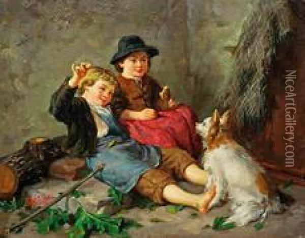 Paar Rastende Bauernkinder Mit Hund Oil Painting - Johann Conrad Eckart