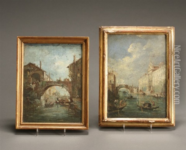 Venetian View With The Rio Dei Mendicanti And A Venetian Bridge With Figures: Two Works Oil Painting - Francesco Guardi