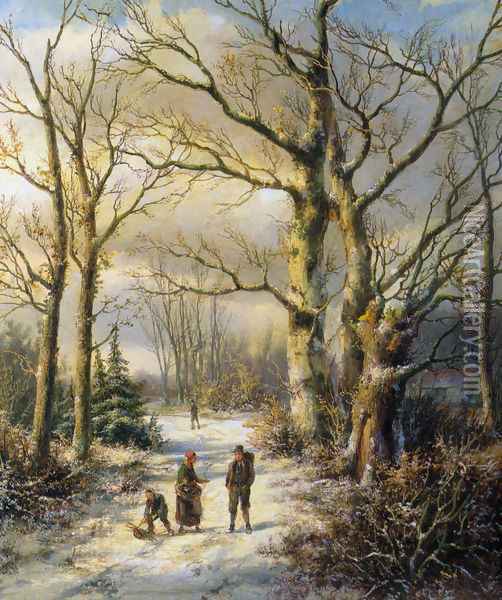Woodgatherers in a Winter Forest Oil Painting - Hendrik Barend Koekkoek