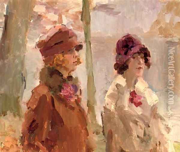 Meisjes in het Haagsche Bosch elegant ladies strolling in the park Oil Painting - Isaac Israels