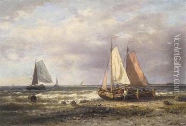 Ships At Anchor On The Coast Oil Painting - Abraham Hulk Jun.