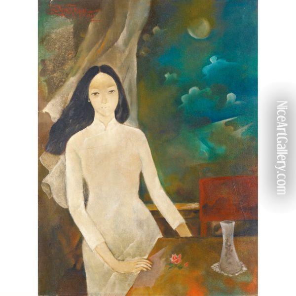 Femme A La Rose Oil Painting - Le Vinh Ngoc