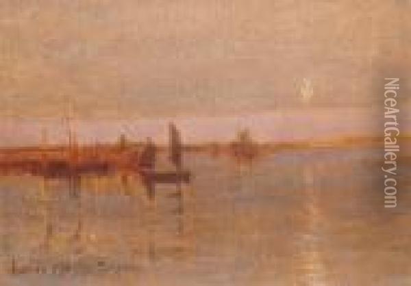 St Ives Harbour; Moonlight St Ives Harbour. Oil Painting - Louis Monro Grier