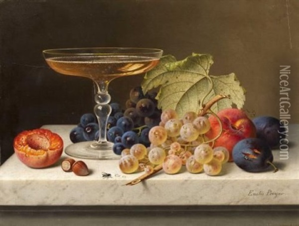 Fruchtestillleben Mit Halber Aprikose, Haselnussen, Gefullter Sektschale Und Weintrauben Oil Painting - Emilie Preyer
