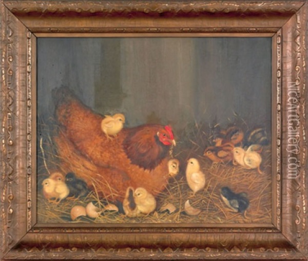 Hen And Thirteen Chicks Oil Painting - Ben Austrian