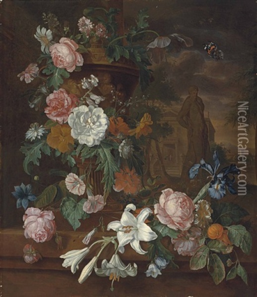 Lillies, Peonies, Roses, Carnations And Other Flowers In A Sculpted Urn On A Shore Ledge, With A Statue A Classical Temple Beyond Oil Painting - Willem Grasdorp