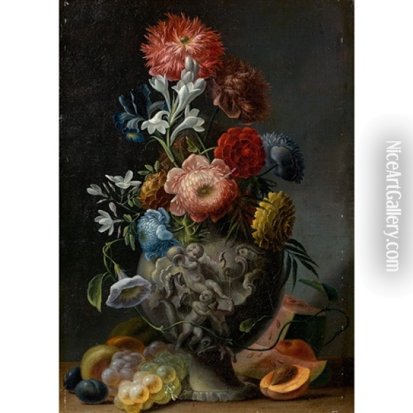Bouquet De Fleurs Dans Un Vase Sculpte De Putti Oil Painting - Johann (or Jakob) Christopher Sartorius