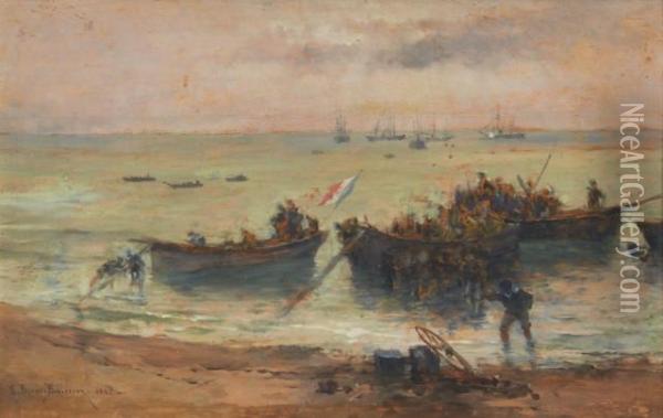 Debarquement De Troupes De Marine Francaise Dans Deschaloupes Oil Painting - Etienne Prosper Berne-Bellecour