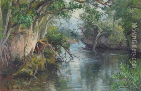 Wooded Stream (+ River Landscape; 2 Works) Oil Painting - Gertrude E. Spurr Cutts