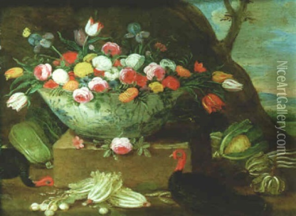 Still Life Of Vegetables, Flowers In A Porcelain Bowl, With Turkeys In A Landscape Oil Painting - Jan van Kessel the Elder
