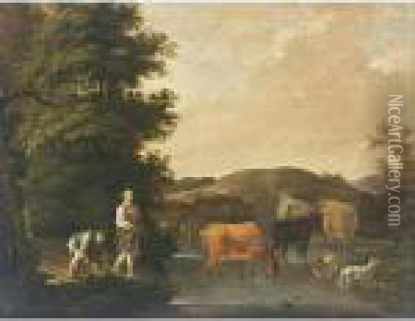 A River Landscape With Cattle Watering And Two Shepherds With A Dog Oil Painting - Esaias Van De Velde