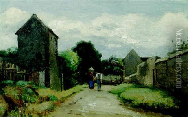 Paysanne Et Paysan Se Croisant Sur Un Chemin De Campagne Oil Painting - Camille Pissarro