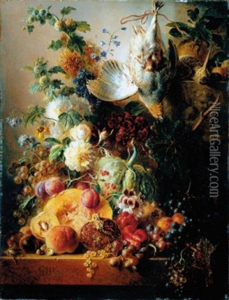 A Still Life Of Fruit Including Melons, Grapes, A Pomegranate, Plums And Peaches, Together With Nuts, Red Peppers, Flowers, A Snipe And A Partridge, All Upon A Ledge Oil Painting - Georgius Jacobus Johannes van Os
