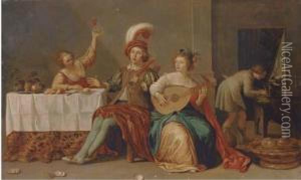 Elegant Company Playing Music And Merrymaking In An Interior Oil Painting - Willem Bartsius