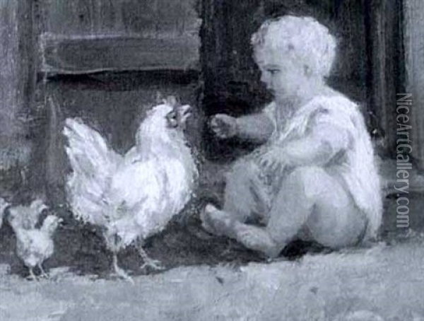 Baby With Rooster And Chicks Oil Painting - Elizabeth Annie Mcgillivray Knowles