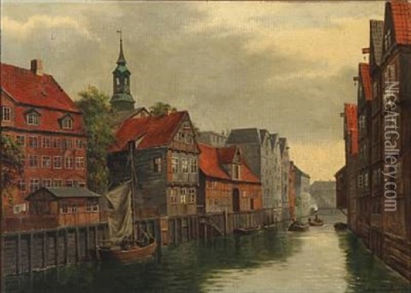 The Old Orphanage. Canal By Admiral Strasse In Hamburg Oil Painting - August Fischer
