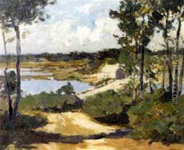 Chaumiere Sur La Riviere En Bretagne Oil Painting - Henri Alphonse Barnoin