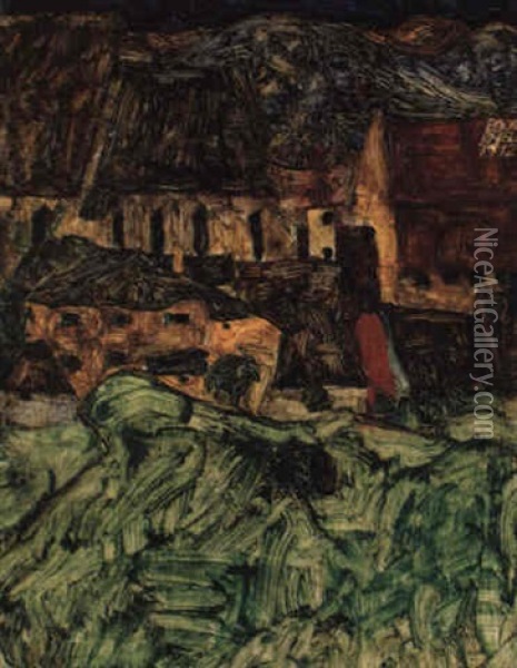 Wiese, Kirche Und Hauser (modling) Oil Painting - Egon Schiele