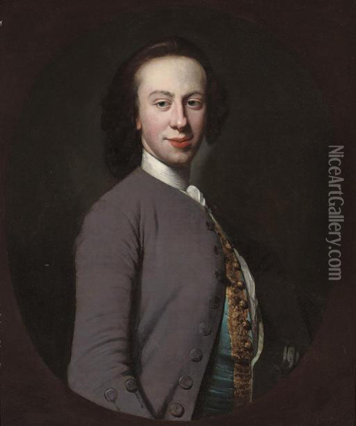 Portrait Of A Gentleman, 
Half-length, In A Grey Coat And Blue Waistcoat With Gold Frogging, In A 
Feigned Oval Oil Painting - Richard Wilson