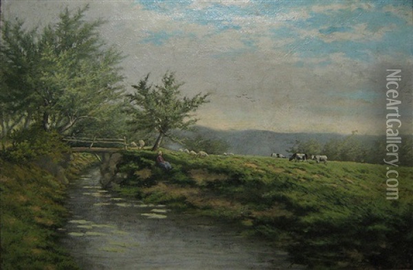 Landschap Met Brug En Koeien Oil Painting - Adriaan Josef Heymans