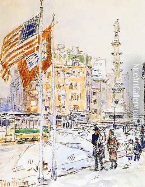 Flags, Columbus Circle Oil Painting - Frederick Childe Hassam