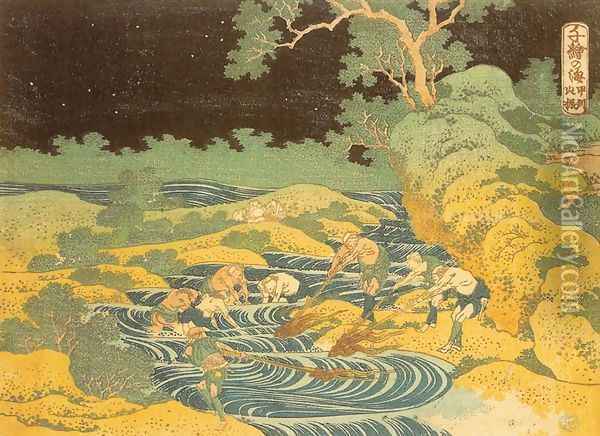 Fishing by Torchlight in Kai Province (Koshu hiburi) Oil Painting - Katsushika Hokusai