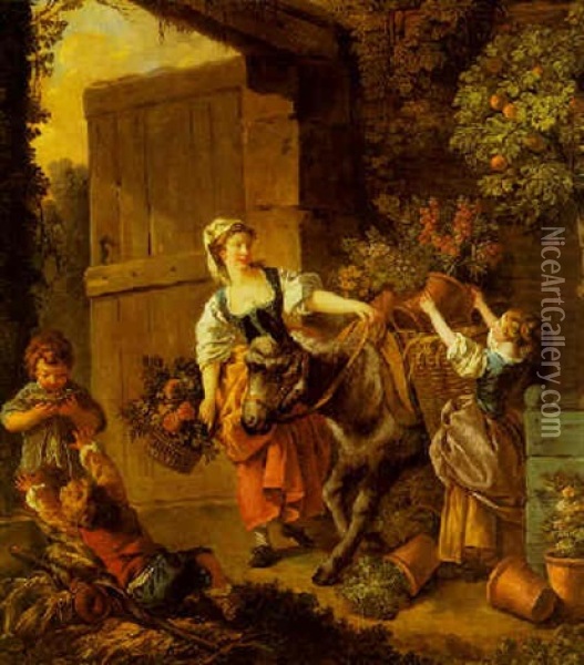 A Flower-seller Setting Off For Market Oil Painting - Jean Baptiste Huet