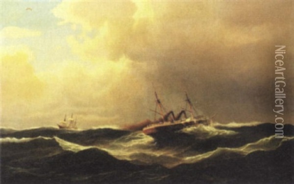 Marine Med Hjuldamper Og Sejlskib I Hoj So Oil Painting - Carl Ludwig Bille