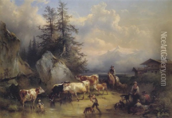 Viehtrieb Am Zellersee Oil Painting - Friedrich Gauermann