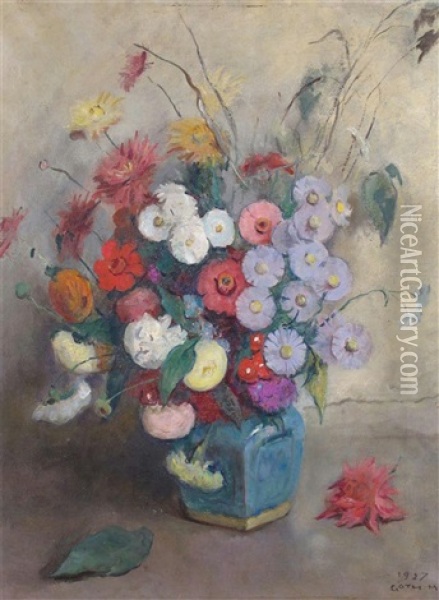 Still Life Of Summer Flowers In A Blue Vase Oil Painting - Moricz Goth